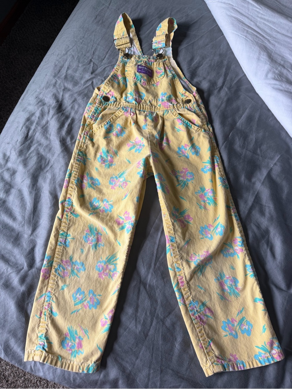 Vintage OshKosh B'gosh Pale Yellow Floral Girls' Overalls
